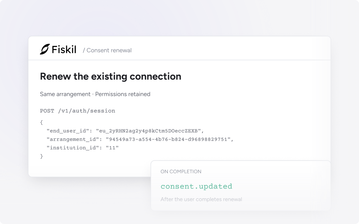 Reuse an existing consent arrangement in an Auth Session, then confirm renewal with consent.updated.