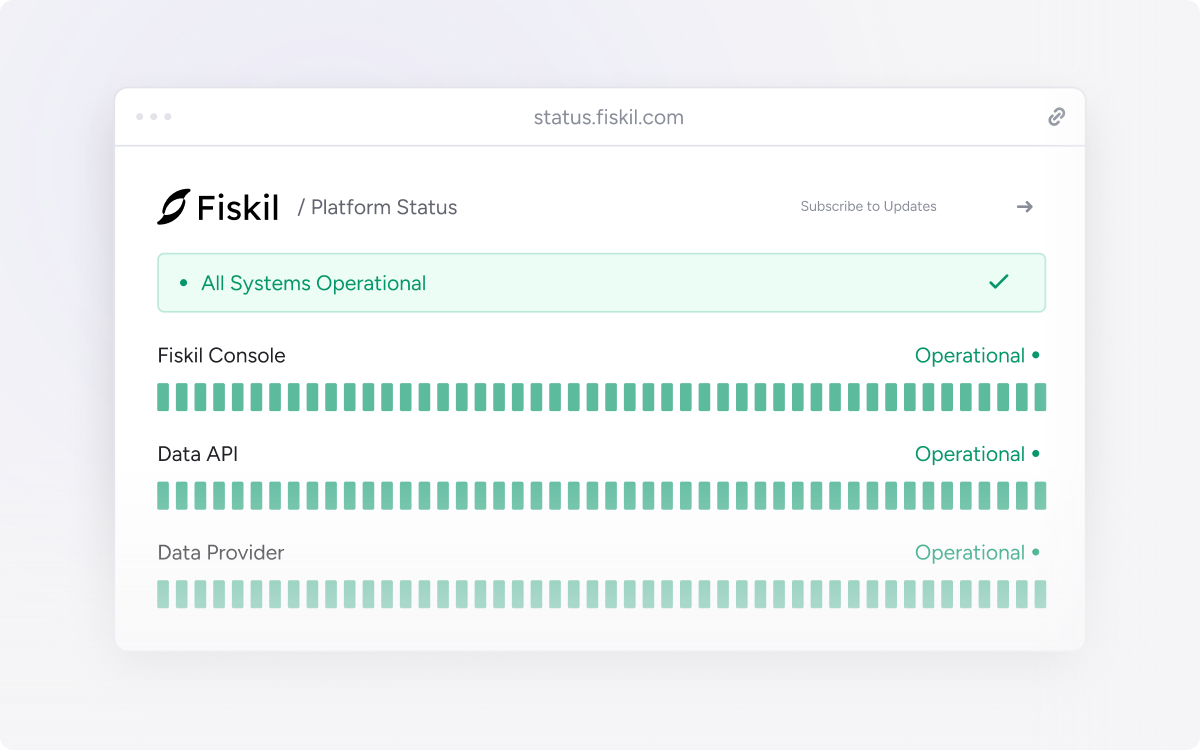 Fiskil platform status interface with Console, Data API and Data Provider components, fading into the background.