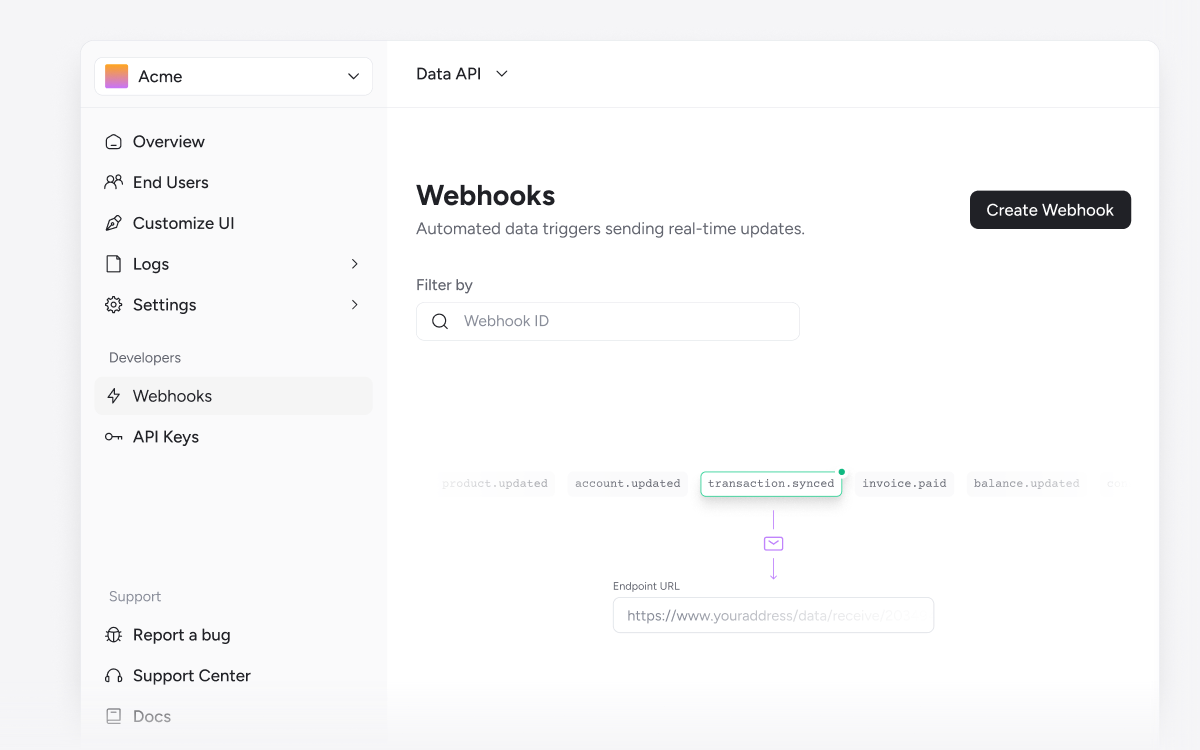 Fiskil Data API Console sidebar with Webhooks selected beside the existing webhook event illustration and Endpoint URL field. The sample team is Acme.